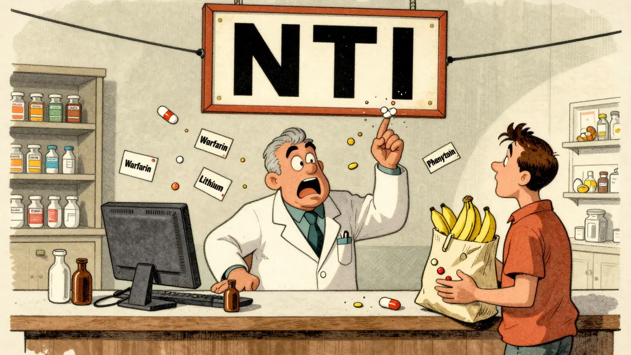 Chaotic pharmacy scene with dangerous pills floating above a patient holding food and medicine, warning signs everywhere.