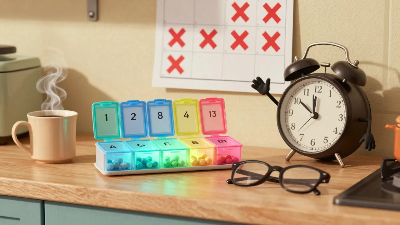 Colorful pill organizer beside coffee mug with calendar marked with X's.