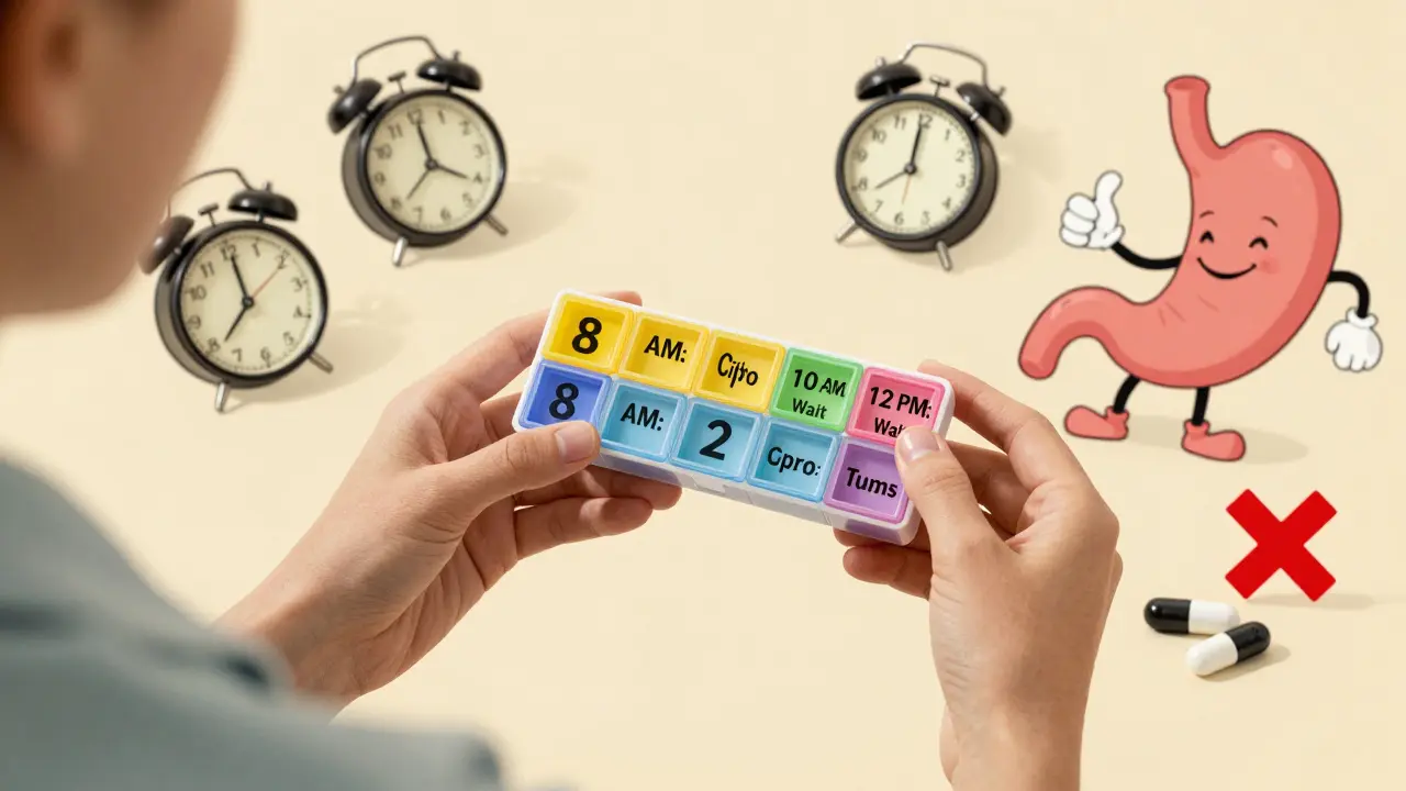 Colorful pill organizer with labeled times, alarm clocks, and happy stomach, retro medical comic style