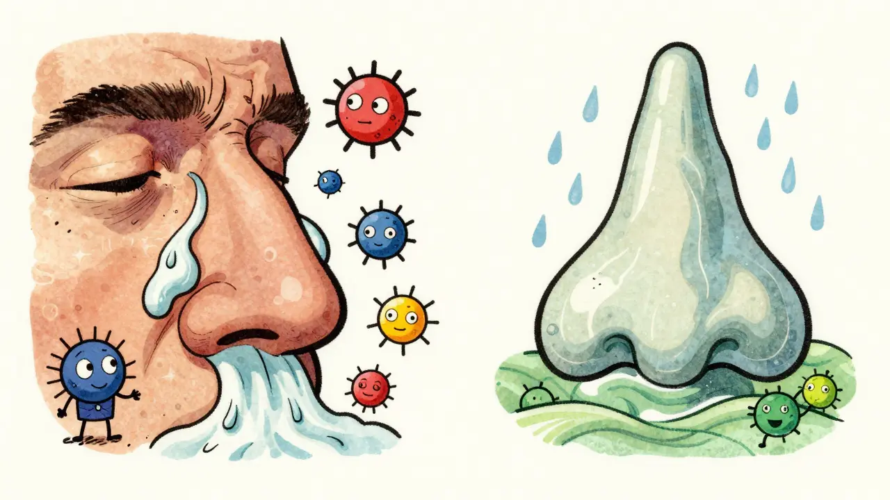 Contrasting cartoon images of inflamed vs. healthy nasal passages with immune cells and mucus streams.