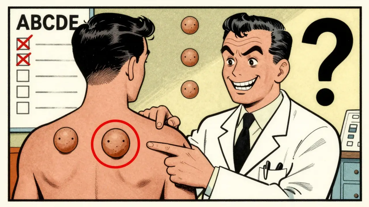 Dermatologist pointing out one unusual mole among many uniform ones, highlighting the 'ugly duckling' sign.