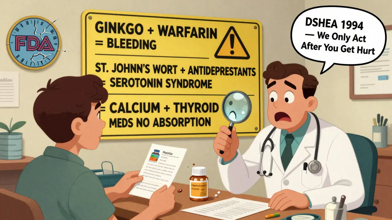 Doctor and patient discussing supplements with giant warning signs in clinic