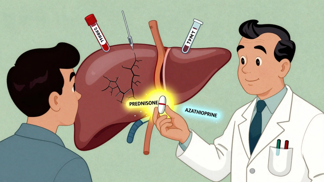 Doctor giving prednisone and azathioprine pills as liver heals in background.