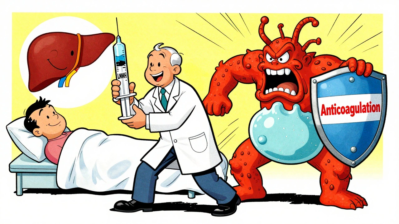 Doctor using anticoagulation to fight portal hypertension monster in 1960s medical cartoon style.