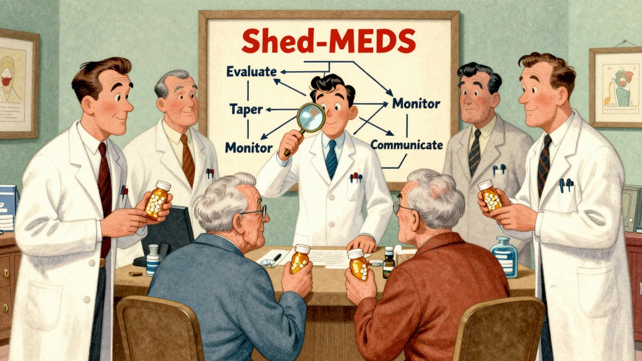 Five specialists giving pills to an elderly patient while a pharmacist uses a magnifying glass on a Shed-MEDS chart.