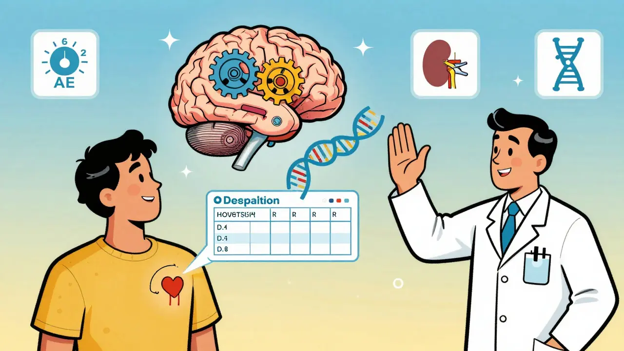 Futuristic AI projecting a personalized dose chart onto a patient as pharmacist and patient celebrate together.