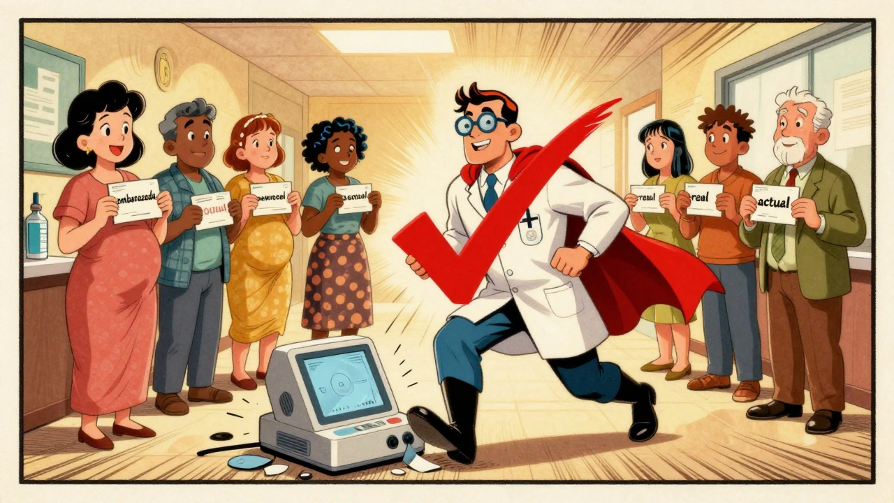 Heroic medical translator rescues patients from dangerous mistranslated labels, crumbling translation machines at their feet.