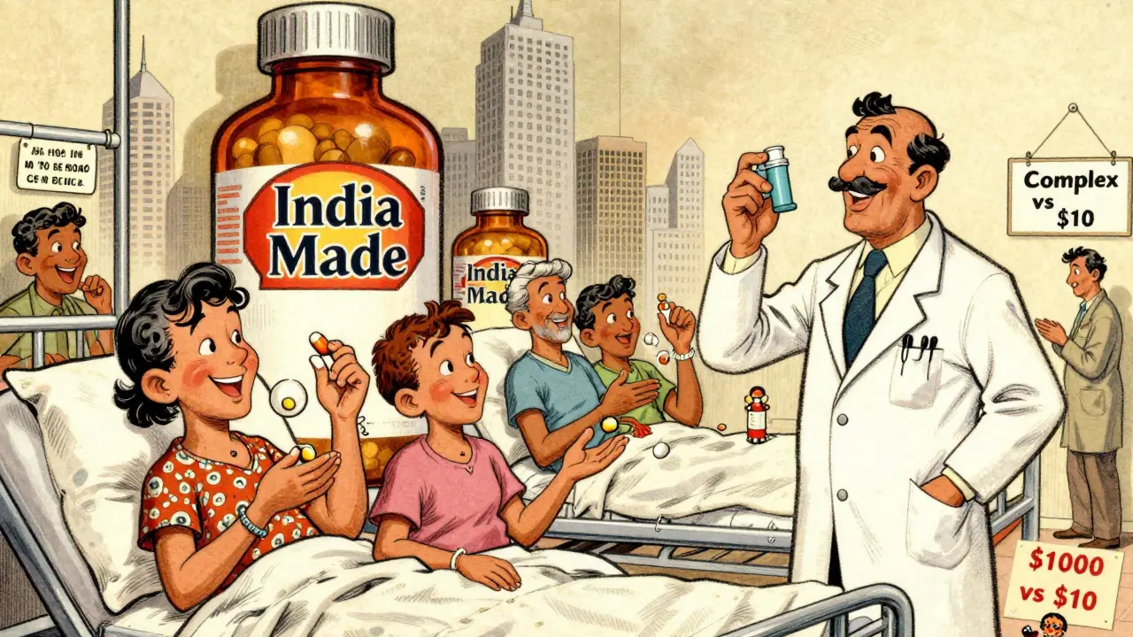 Indian doctors handing out generic pills in a ward with giant 'India Made' pill bottles in the background.