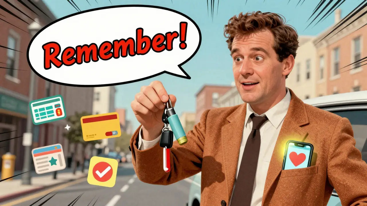 Man grabs car keys with inhaler attached, phone glowing with medication app.