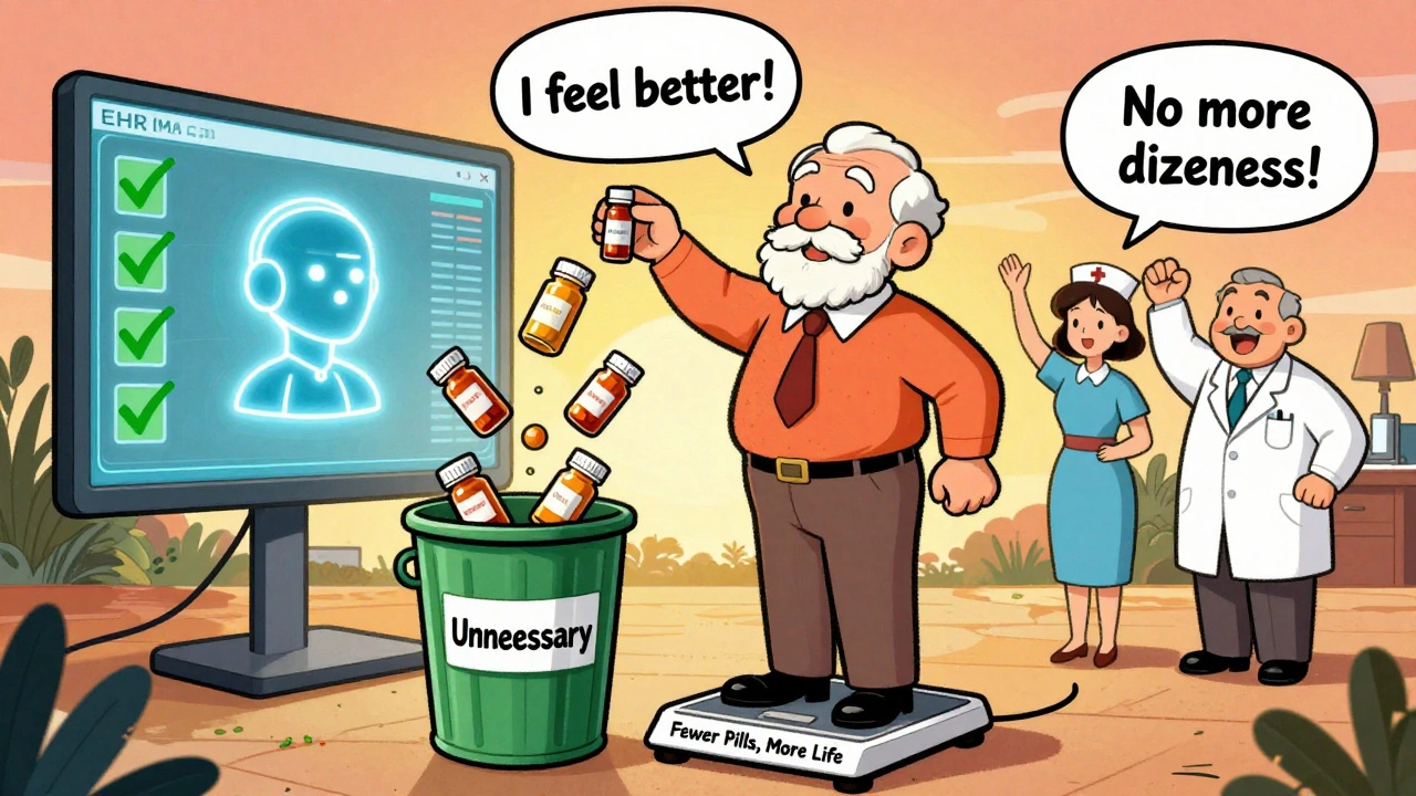 Older adult celebrating by tossing pills into a trash can, AI and medical team cheering in background.