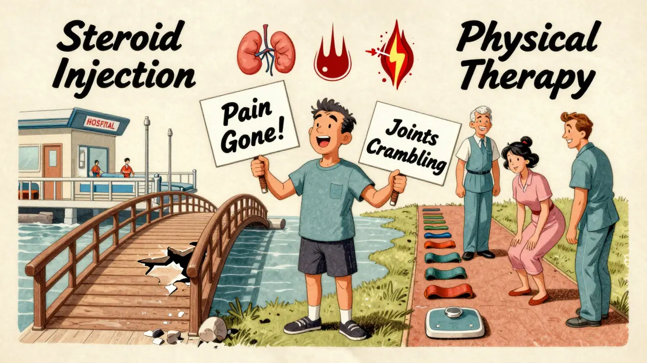 Patient choosing between steroid injection and physical therapy paths, with consequences shown as floating icons.
