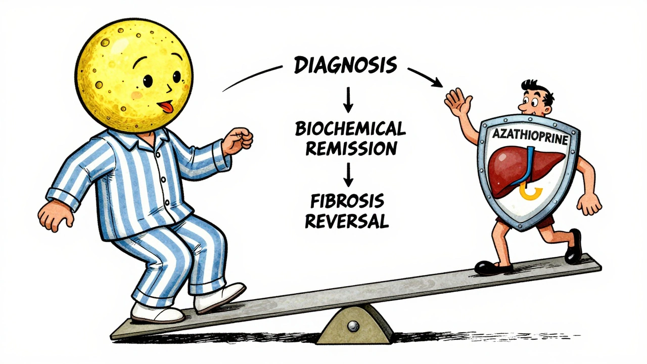 Patient on seesaw balancing steroid side effects against azathioprine&#039;s healing power.