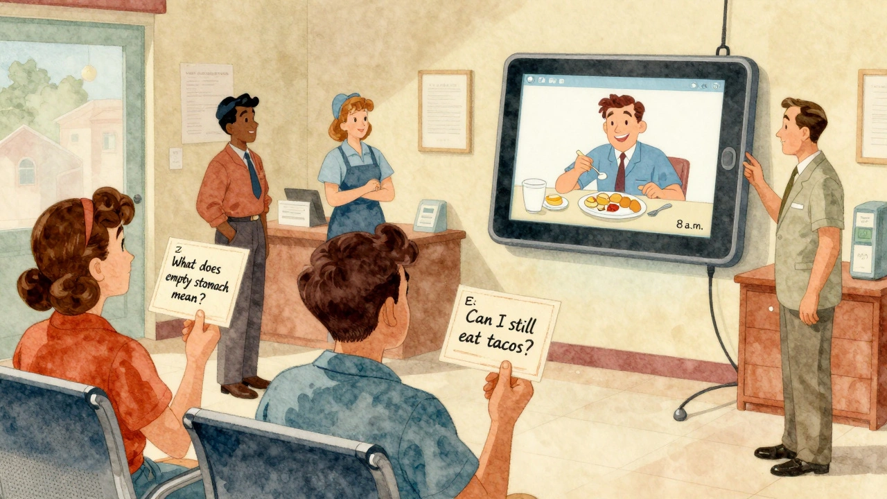 Patients hold handwritten questions in a clinic waiting room while an AI tablet offers simple visual guidance.