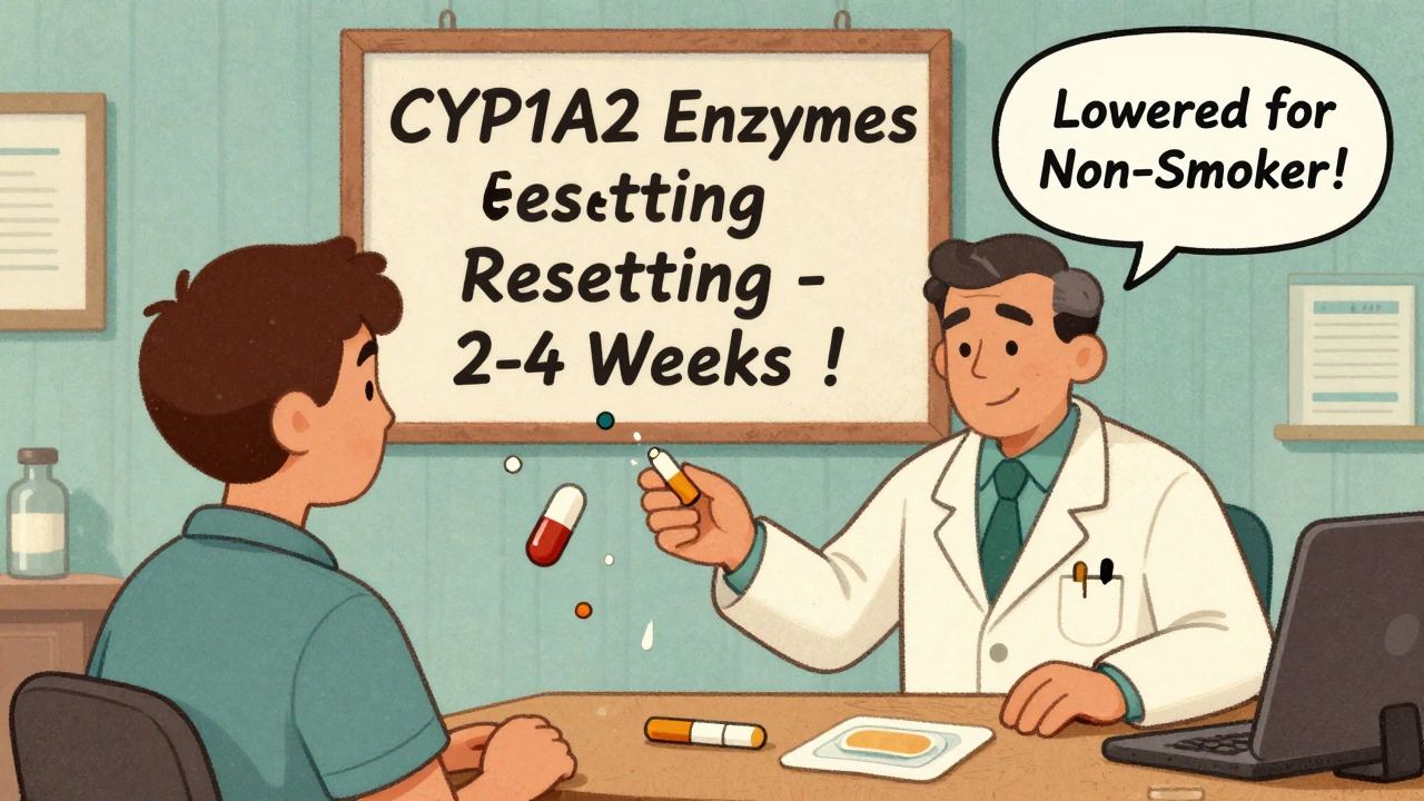 Pharmacist giving reduced dose after quitting smoking, with drug icons and enzyme timer visible.