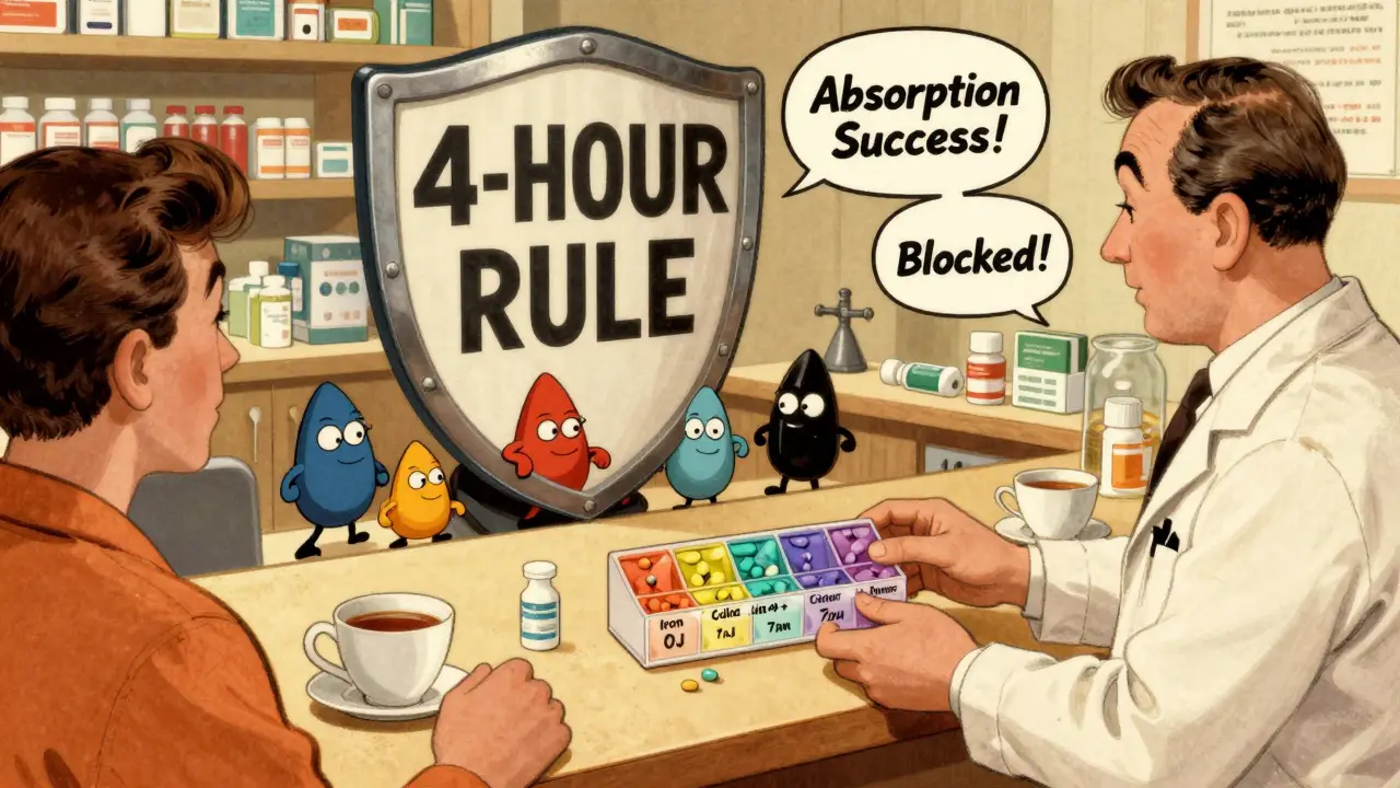 Pharmacist handing a color-coded pill organizer with iron, calcium, and meds spaced 4 hours apart.