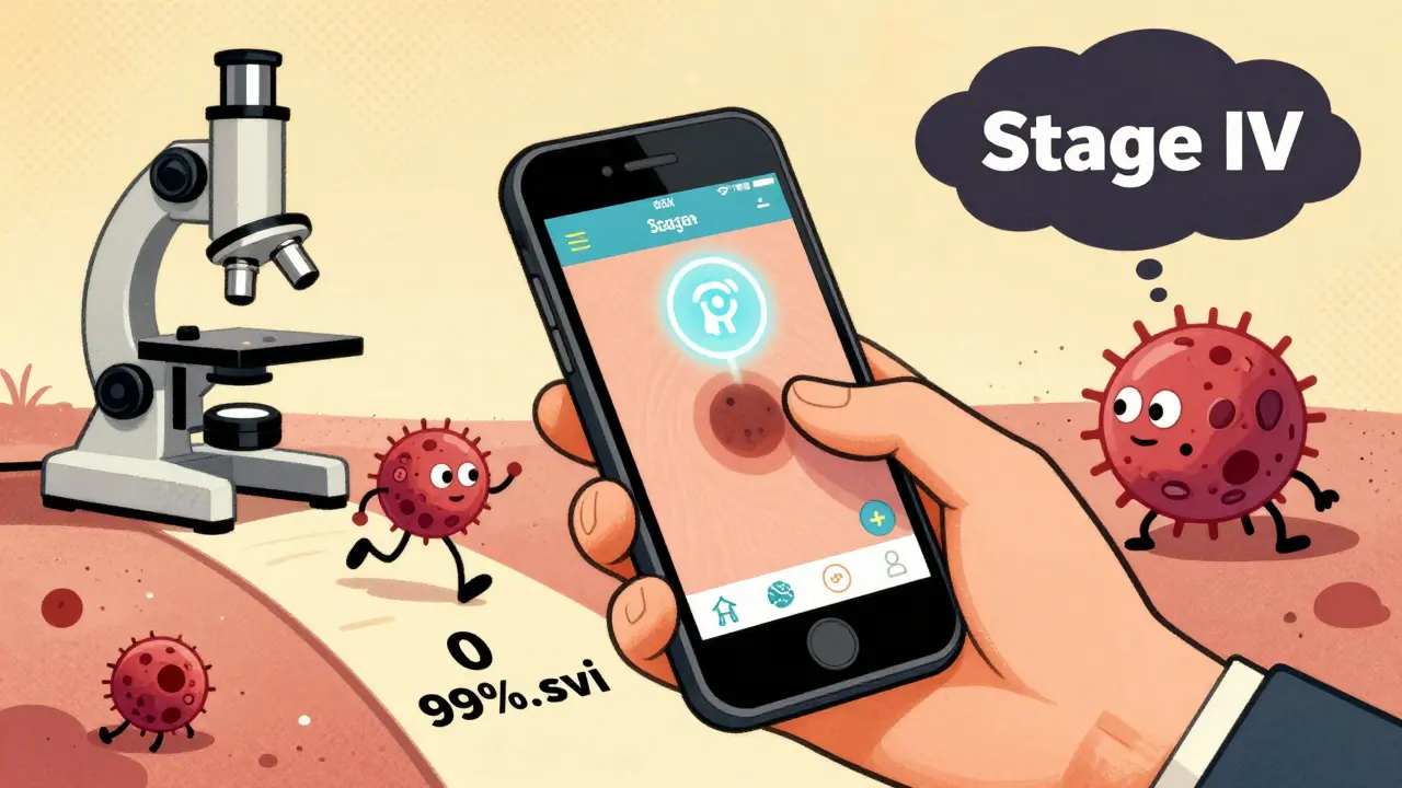 Smartphone app analyzing a mole while a melanoma cell escapes, showing contrast between early detection and advanced stage.