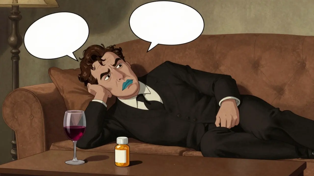 Someone slumps on a couch with blue lips and slurred speech, next to wine and pills in a vintage cartoon style.