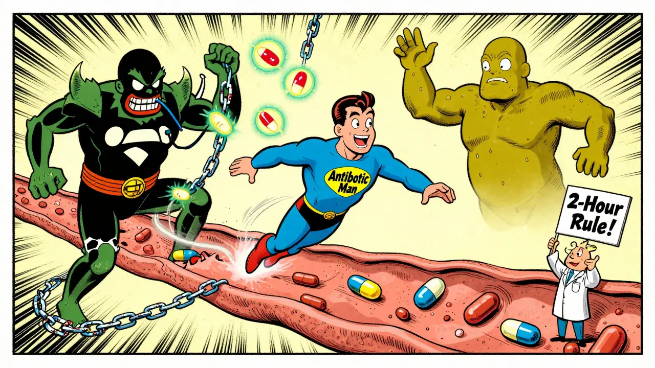 Superhero antibiotic dodging antacid monster in human body, doctor holding &#039;2-Hour Rule&#039; sign