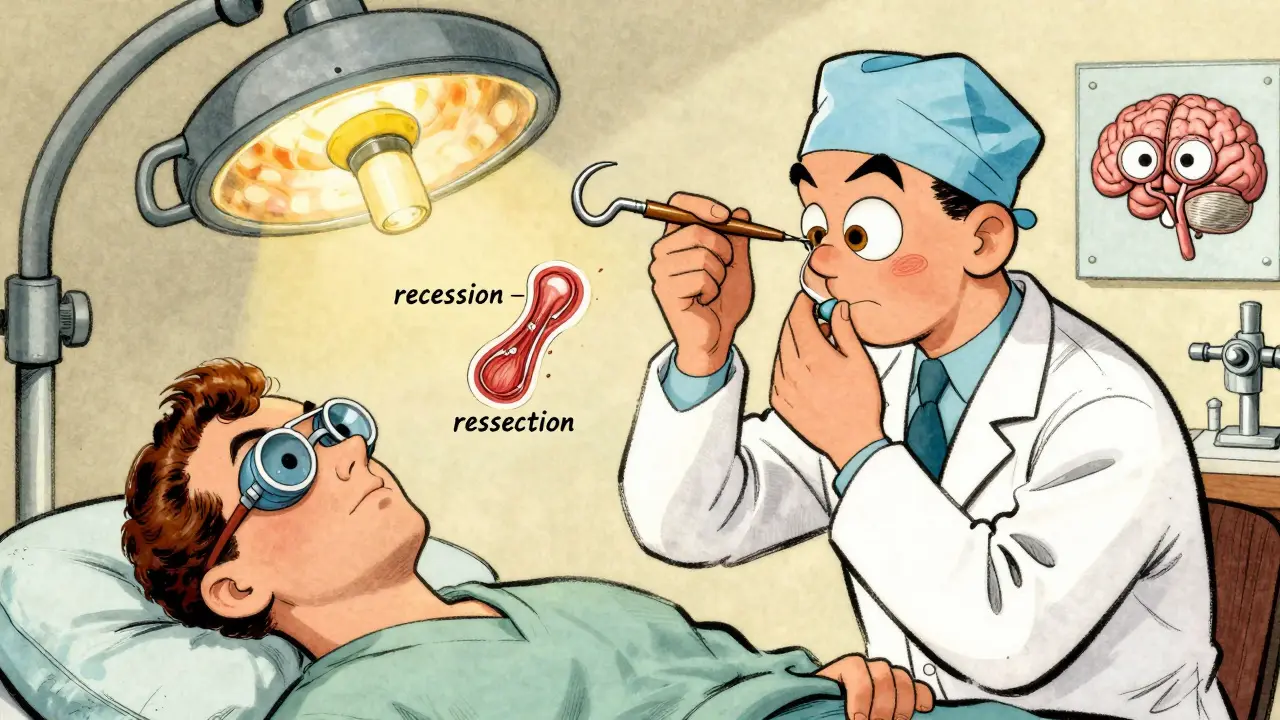 Surgeon adjusting eye muscle with oversized hook, floating muscle labels visible.