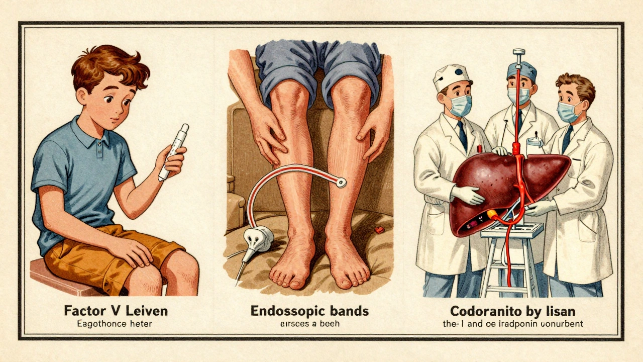 Three patients undergoing PVT diagnosis and treatment in vintage textbook illustration style.