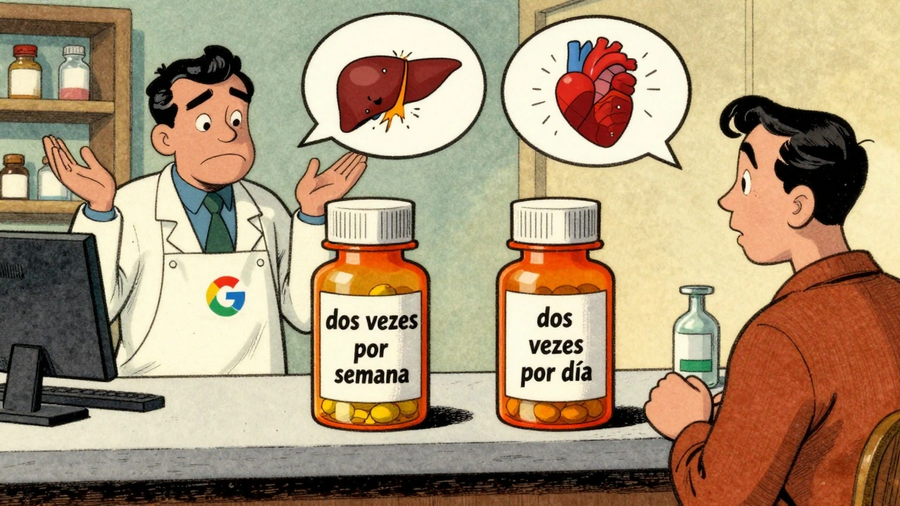 Two identical pill bottles with conflicting Spanish instructions at a pharmacy counter, pharmacist shrugging with Google Translate logo.