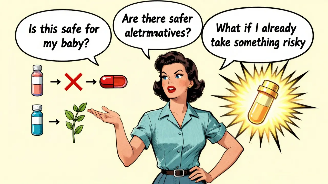Woman asking key medication questions to OB/GYN with safety icons, vintage illustration
