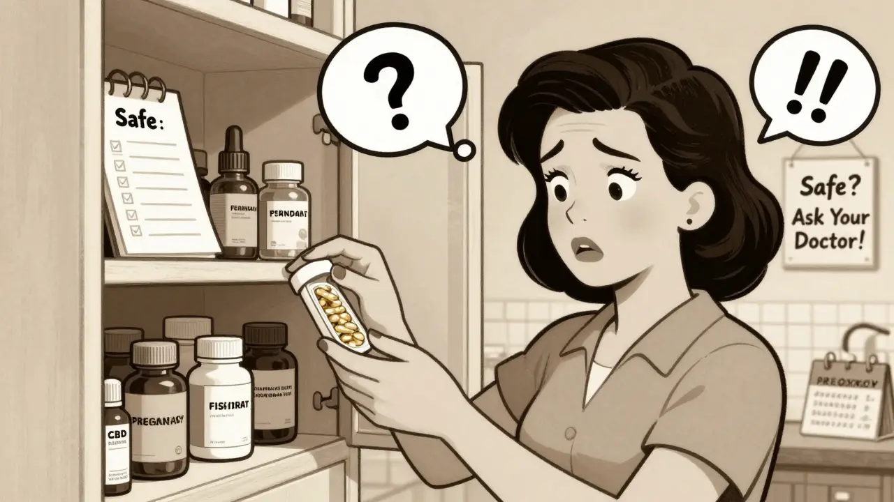 Woman organizing medicine cabinet with supplements and herbal teas, retro cartoon