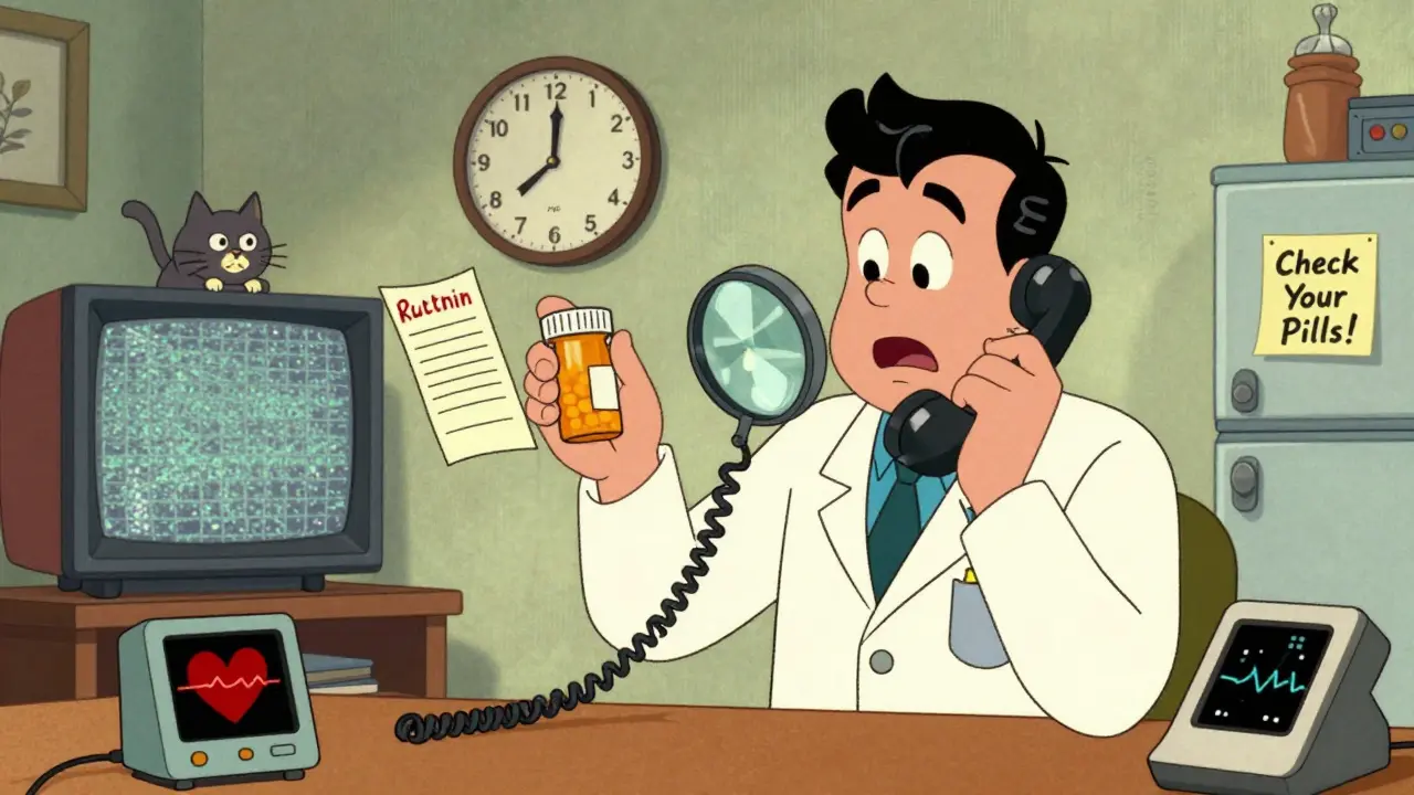 A man compares pill labels with a magnifying glass while calling his doctor, a clock and heart monitor in the background.