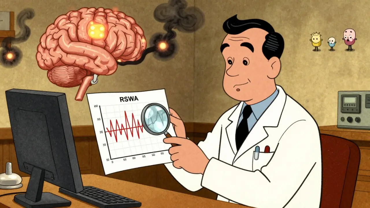 A neurologist examines a sleep study graph as dark clumps form in a cartoon brain, symbolizing neurodegenerative risk.