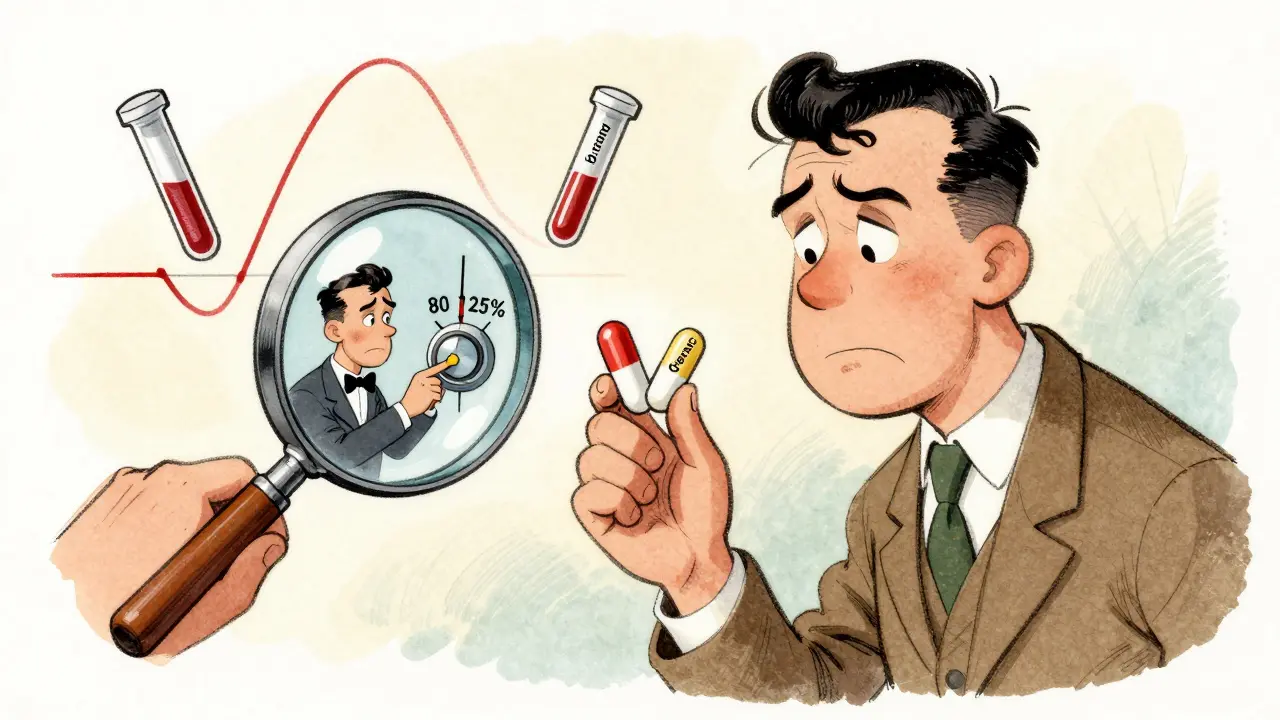 A patient holding two pills while a statistician adjusts a 90% confidence interval dial between 80% and 125%.