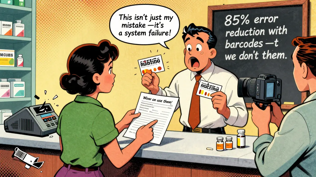 A patient reports a pharmacy error to a manager, showing photos and a video camera, with a broken barcode scanner on the floor.