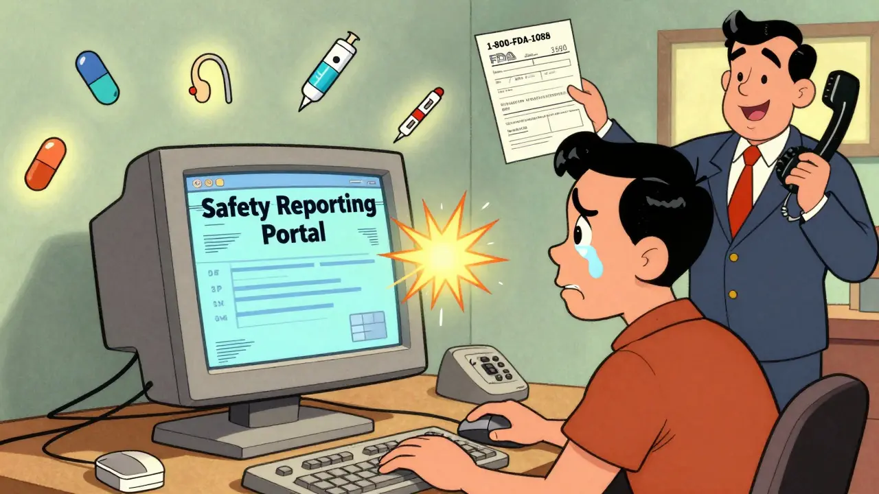 A person frustrated with a glitching computer screen, while an FDA agent offers a paper form and a glowing phone