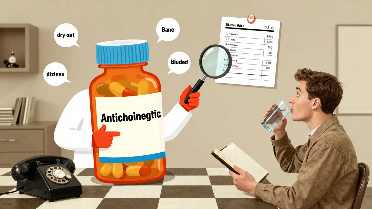 A pharmacist explains side effects of a pill with cartoonish symptoms floating around, patient takes notes nearby.