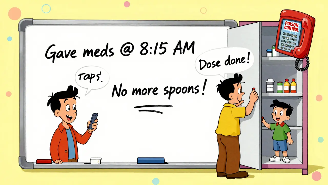 A refrigerator whiteboard with medication notes and a locked closet, family texting safely, in classic 1960s cartoon style.