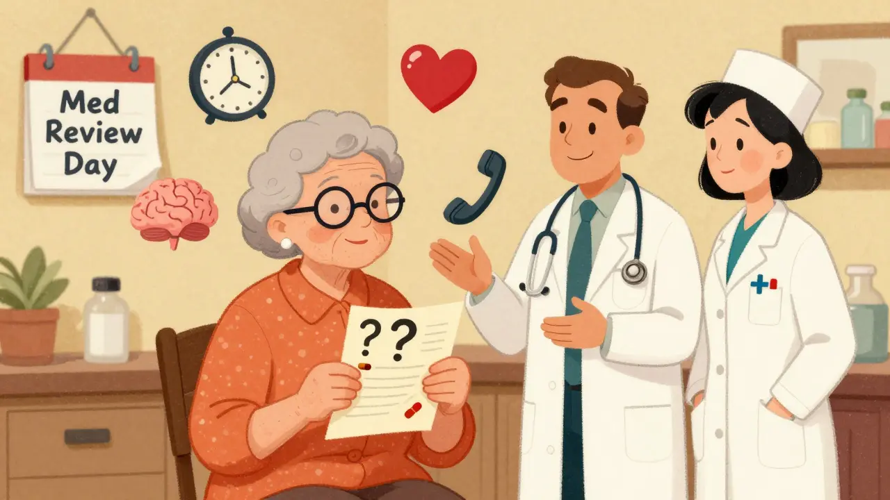 An elderly woman reviews her medications with icons representing health concerns, doctor and pharmacist offer support.