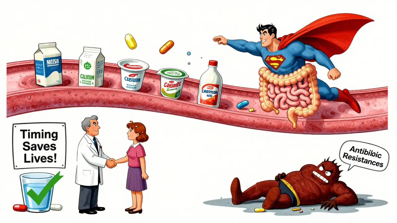 Antibiotic superhero dodges calcium blocks in digestive tract while patient gets proper care