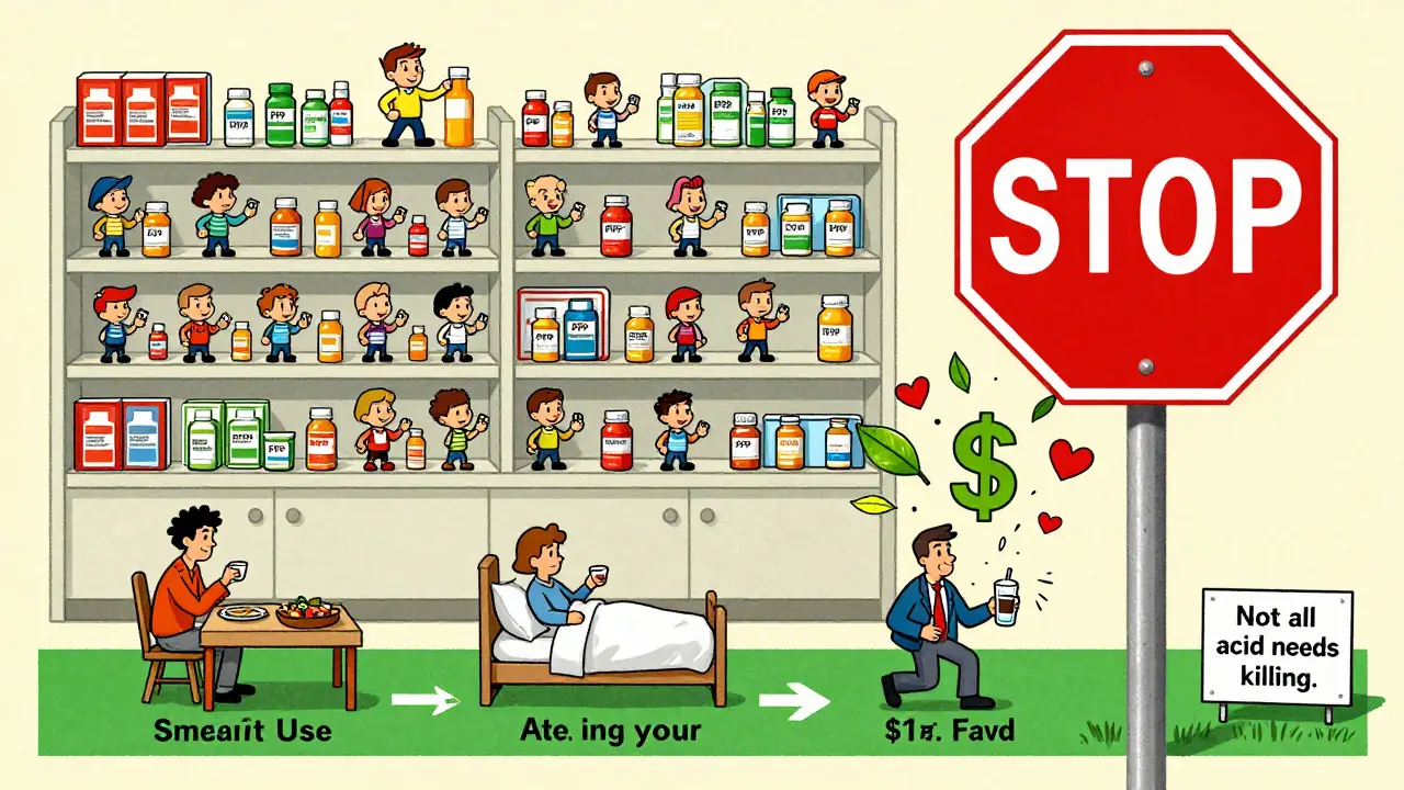 Cartoon pharmacy shelf with millions of PPI users, red stop sign above, healthy lifestyle path below.