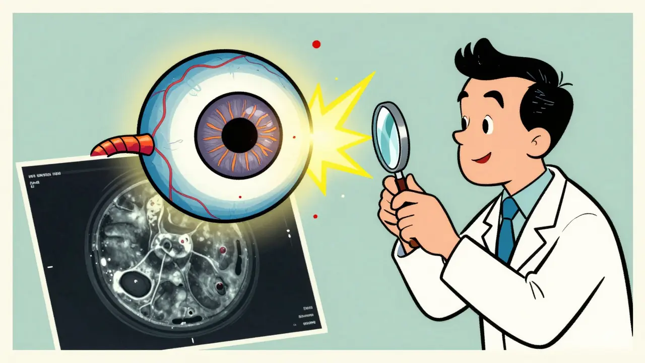 Colorful fundus photo floating beside a transparent OCT scan showing hidden retinal swelling.