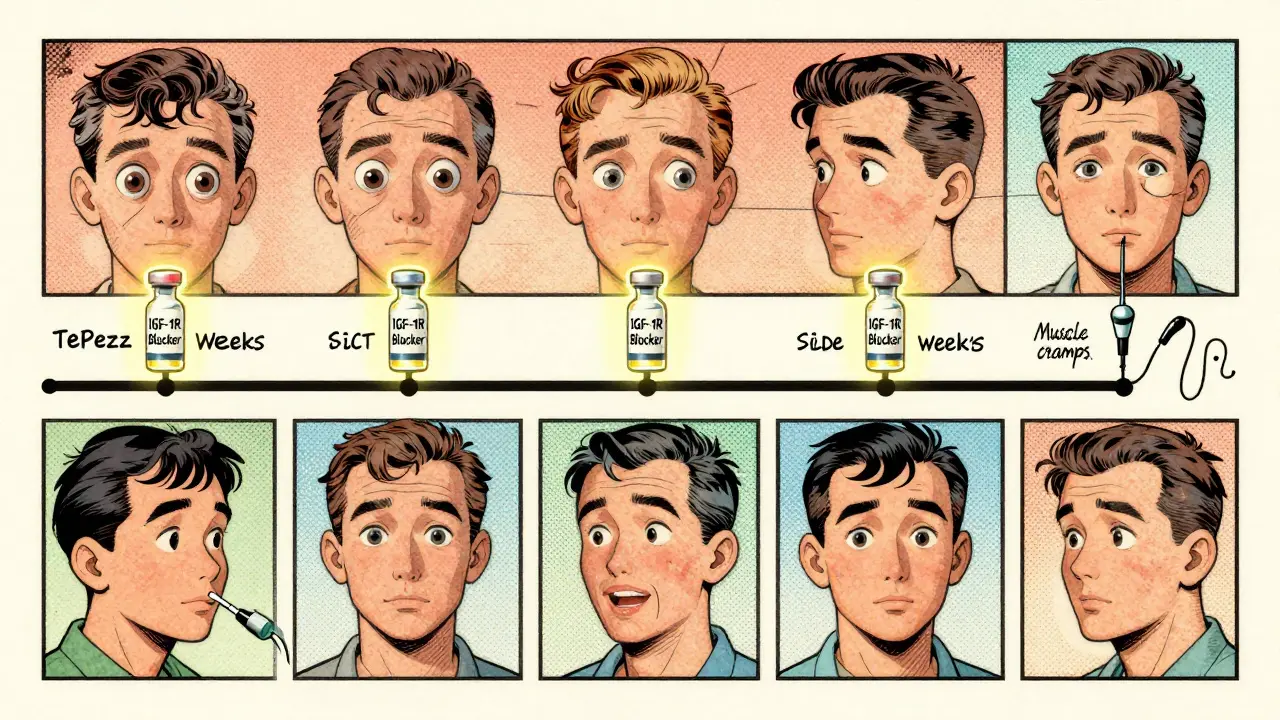 Comic-style timeline showing a patient receiving eight Tepezza infusions as eyes gradually return to normal position.