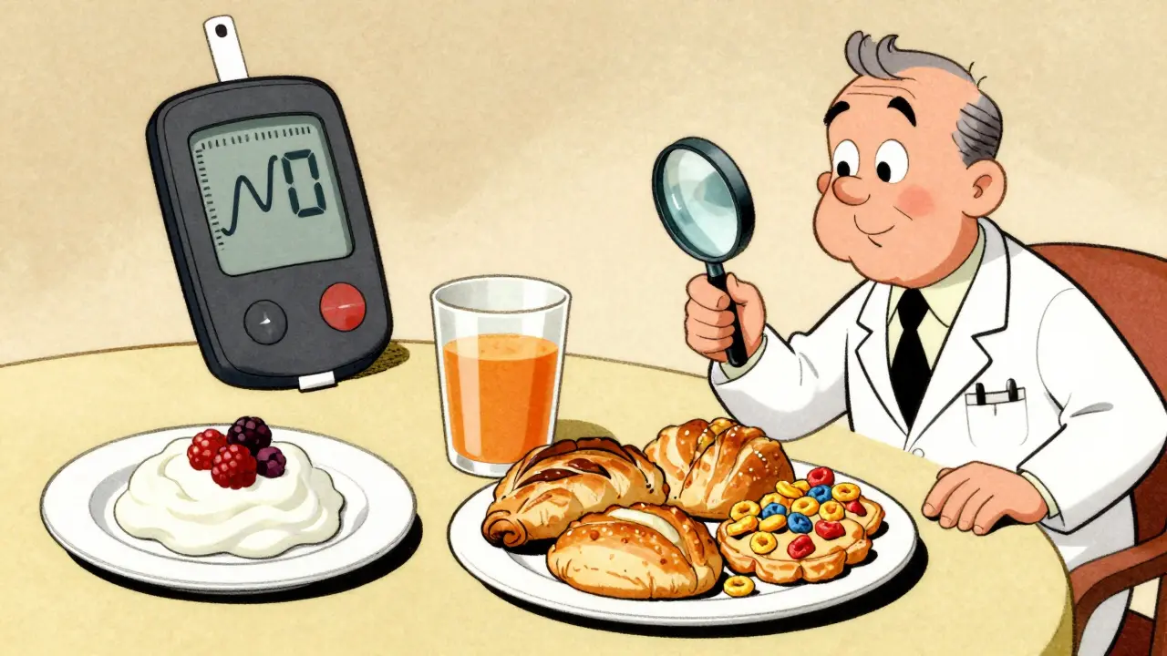 Contrasting breakfast plates with healthy vs sugary foods and a glucose monitor