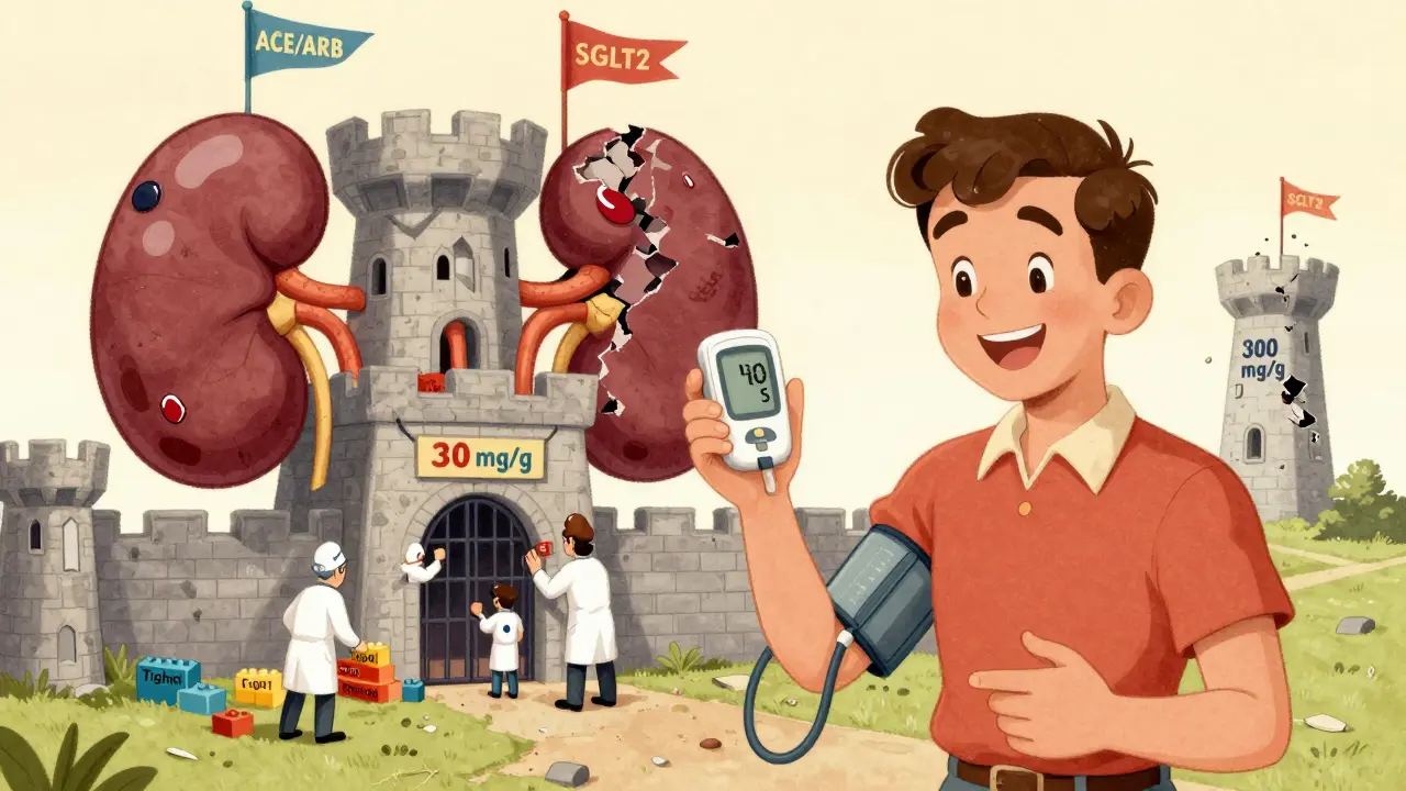 Diabetic patient repairing a kidney castle with tight control bricks in vintage cartoon style