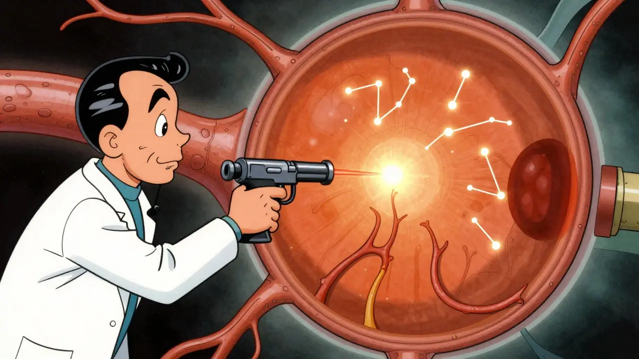 Doctor using a laser ray gun to treat abnormal blood vessels growing on a cartoon retina.
