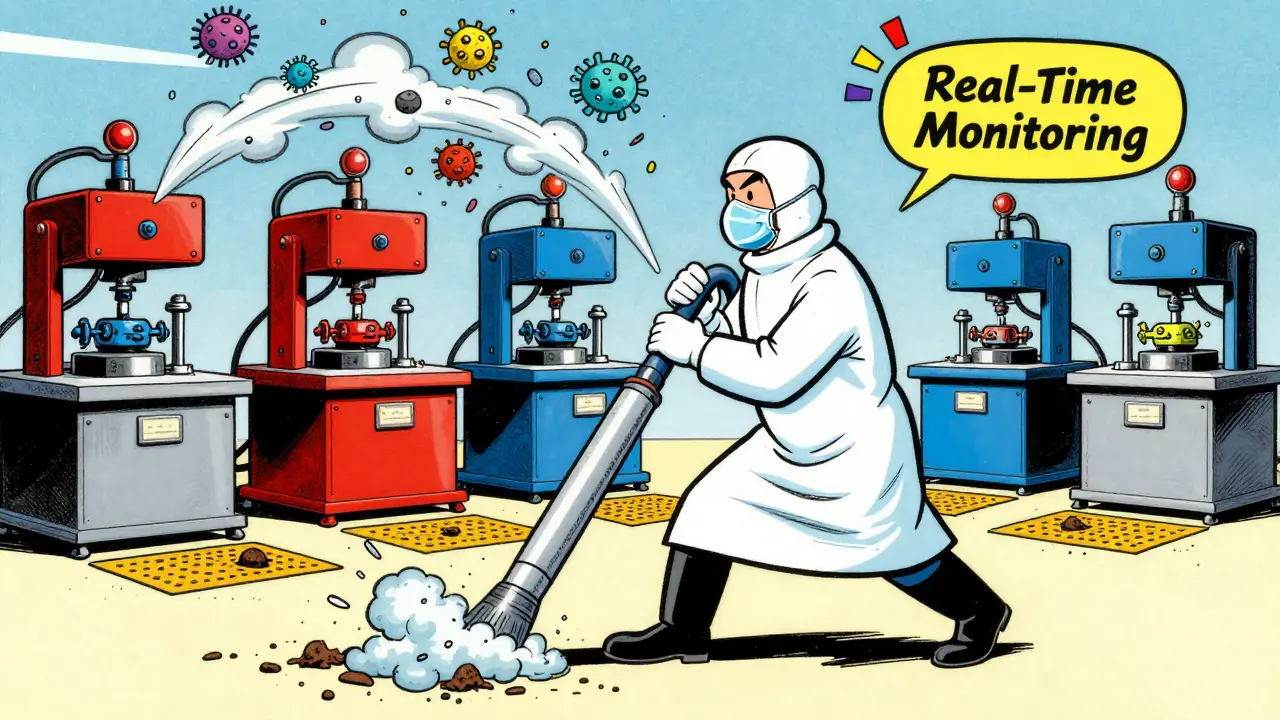Heroic technician fighting contamination in a cleanroom with real-time monitoring tools.