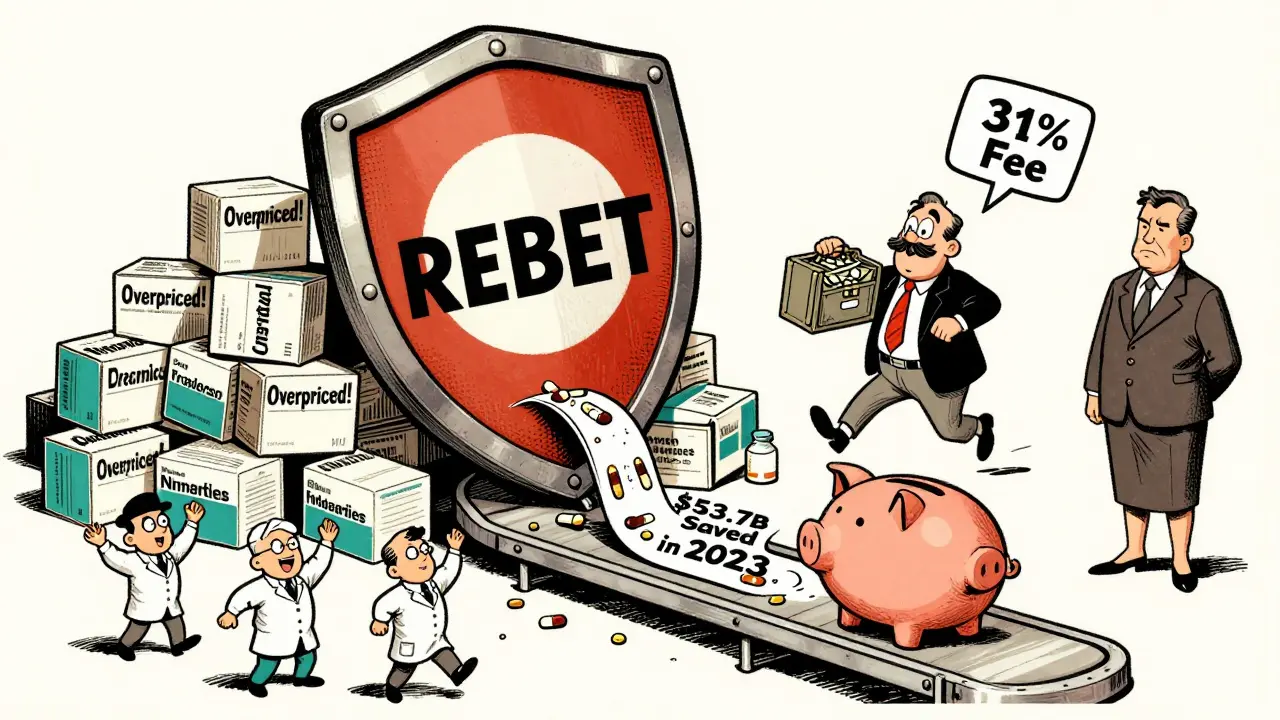 Medicaid rebate shield crushing expensive drug boxes, generic pills flowing into savings bank.