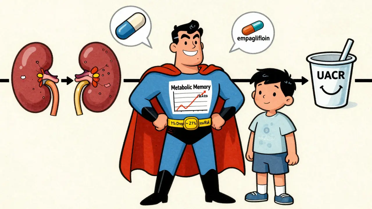 Metabolic Memory superhero protecting a kidney timeline with diabetes medications in vintage style