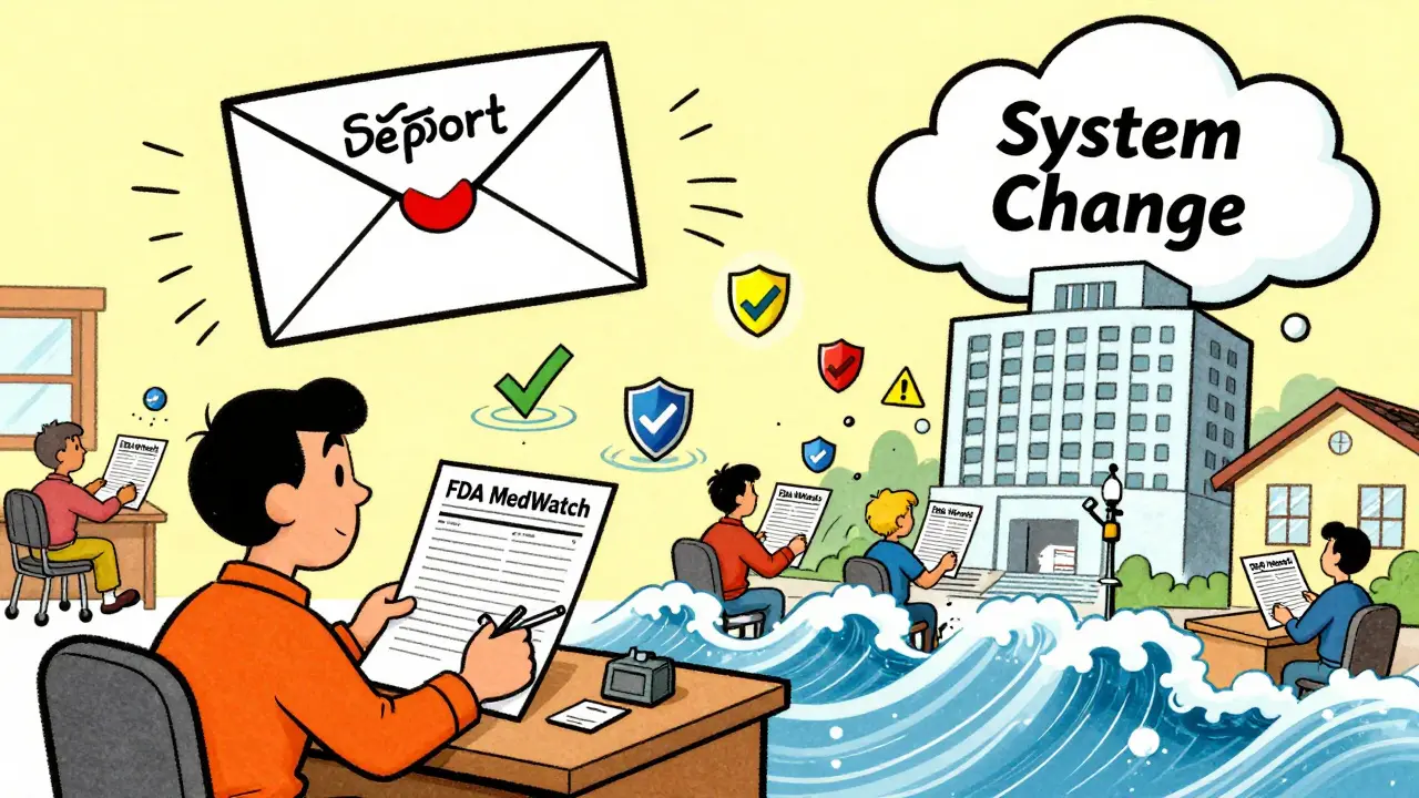 Patient filing medication error report as ripple effects of safety changes spread across scenes in vintage cartoon style.