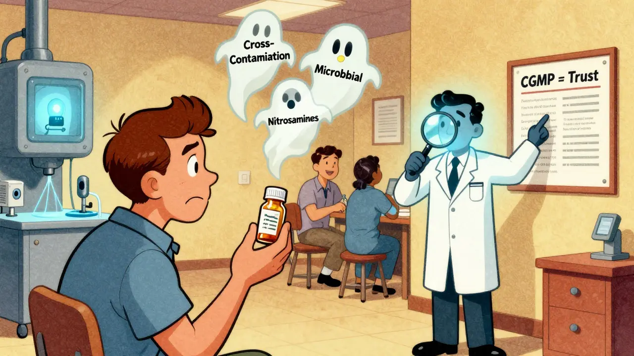 Patient holding pill as ghostly contaminants float above, watched over by FDA inspector.