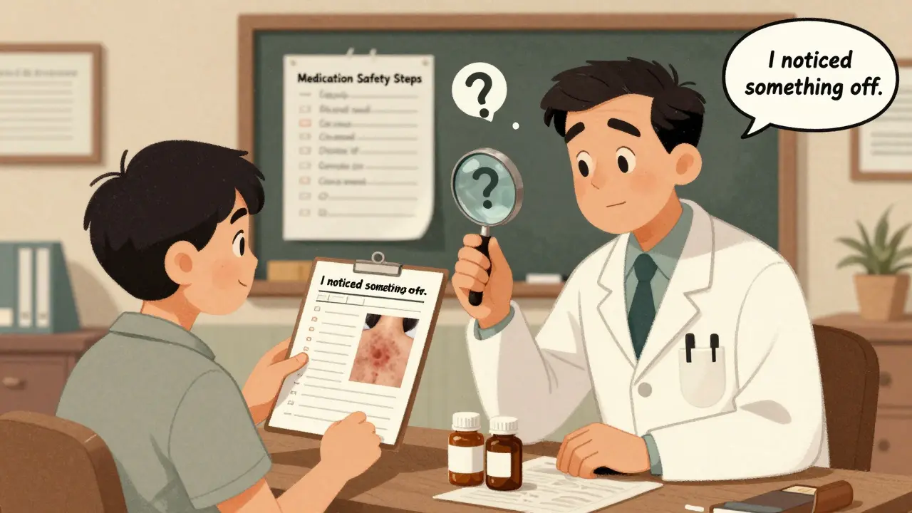 Patient showing symptom log and pill bottles to doctor in clinic, with safety checklist on chalkboard.