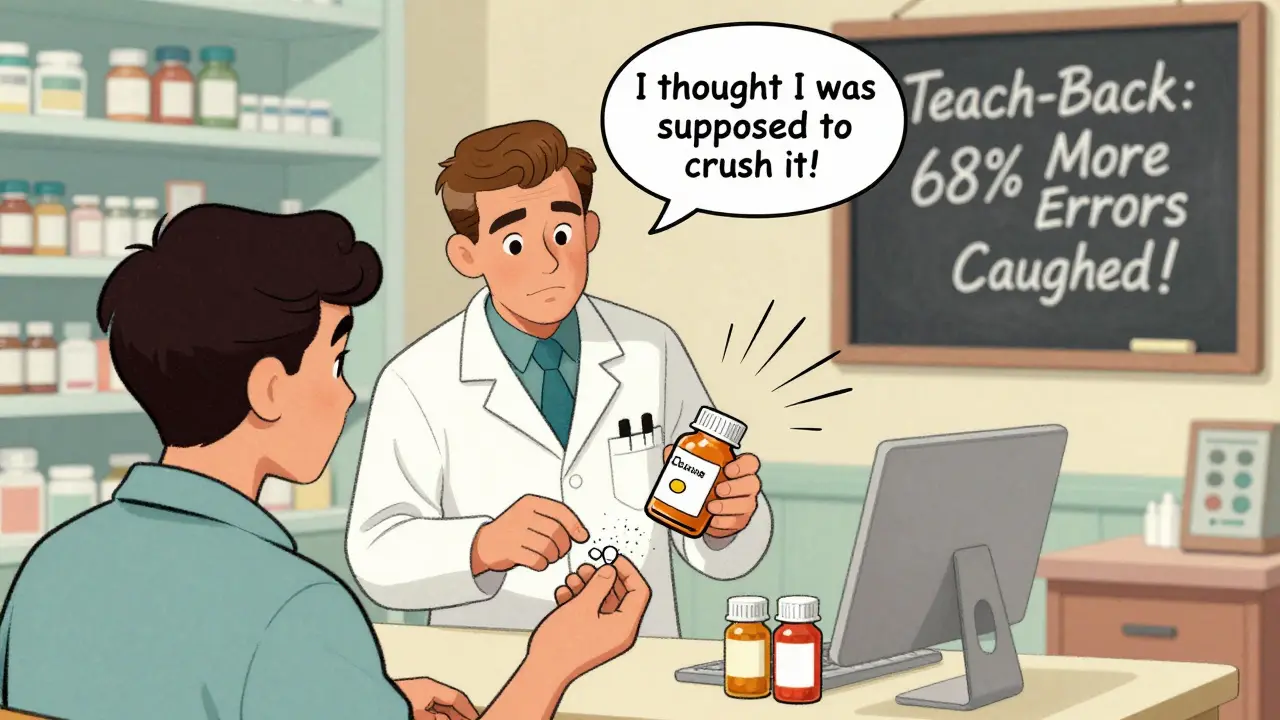 Patient shows pharmacist they plan to crush a pill, while label says not to.