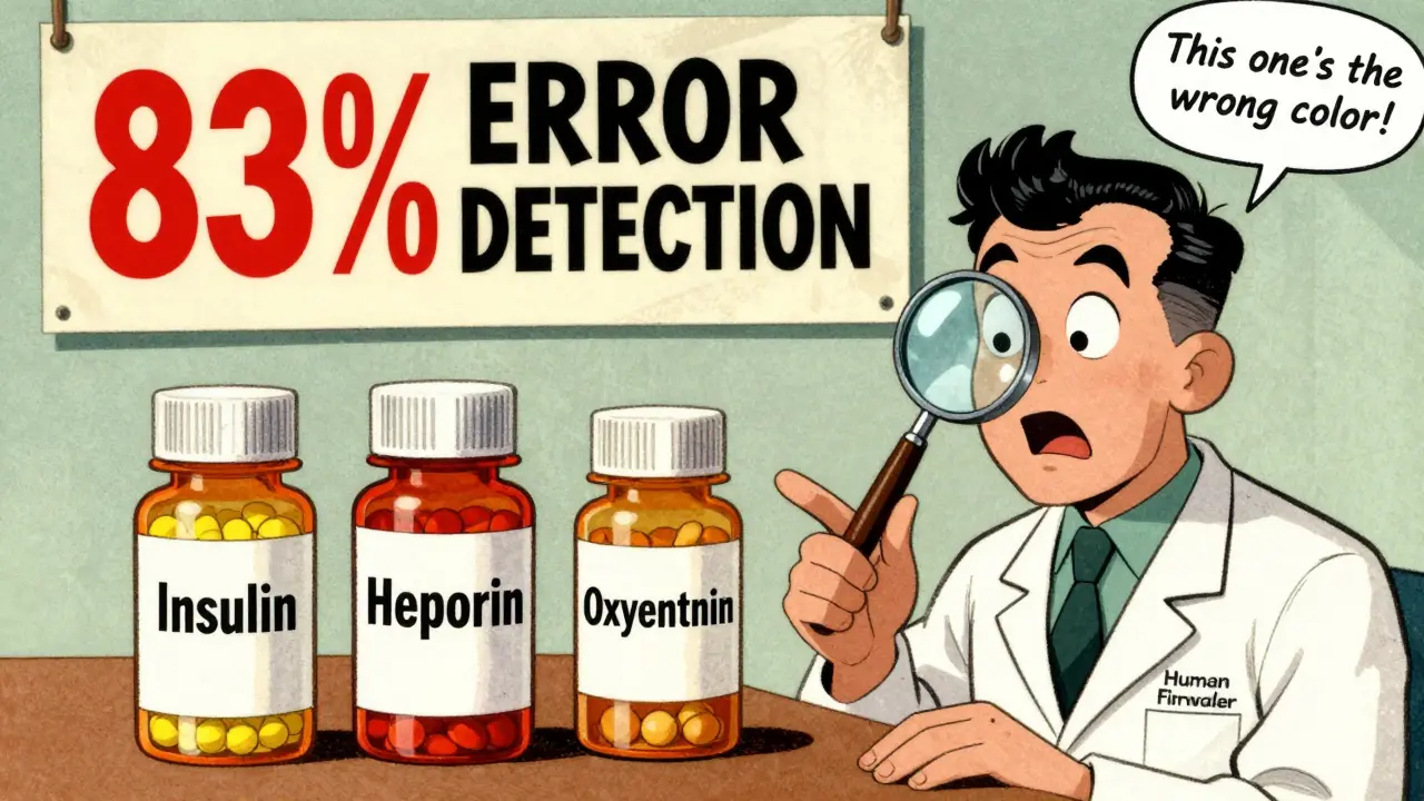 Patient spots wrong pill color among similar-looking medications at pharmacy counter.